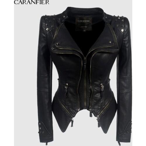 CARANFIER Jacket Women Faux Leather PU Jacket Winter Autumn Black Motorcycle Jacket Outerwear Gothic Faux leather Coat Chaqueta