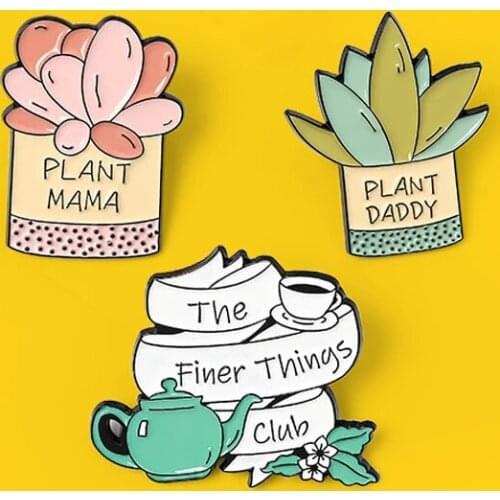 Cute Potted plant Enamel Lapel Pins Plant MAMA/DADDY The finer things club Brooches Badges Pin Gifts for Book Lover Wholesale
