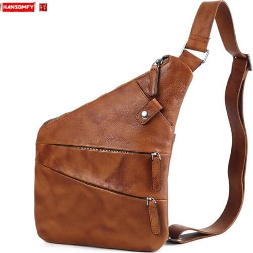Genuine Leather Chest Bag Casual Men Messenger Bag Retro Shoulder Bag New Trendy Small Bag Mens First Layer Cowhide Vintage