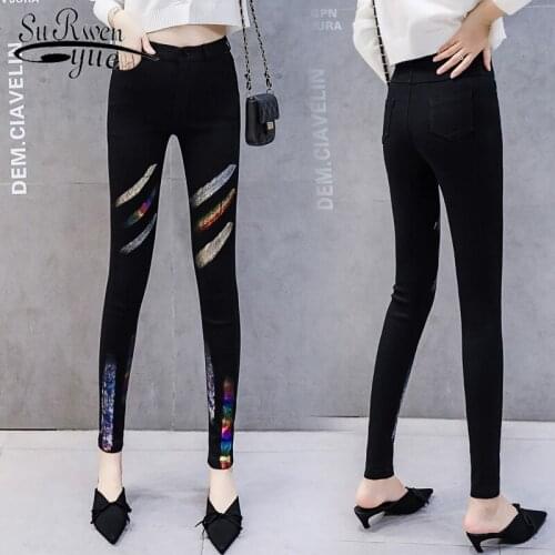 Autumn Winter Black Elastic Jeans Plus Size 2021 Korean Graffiti Full Women Pants High Waist Pants Personalized Elastic 6850 50