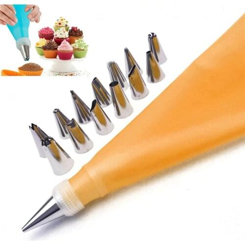 16Pcs/Set Silicone DIY Icing Piping Cream Pastry Bag +14PCS Stainless Steel Nozzle Pastry Tips Converter Cake Decorating Tools