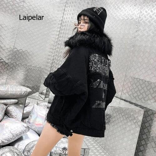 Thick Coat Winter Loose Hole Sequined Denim with Plush and High Quality Fur Black Collar