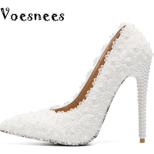 HOT White Rose Flower Lace Wedding Shoes High Heel 11CM Bridal Shoes 2021 Princess Pumps Platform Shoes Women Plus Size 34-45