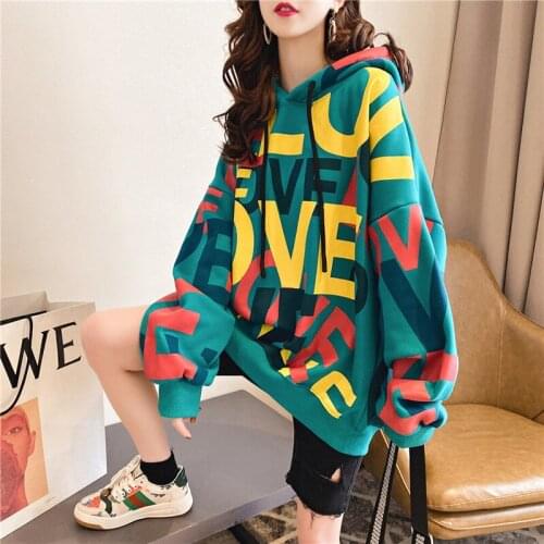 Autumn Winter Warm Thick Letter Print Hooded collar Women Tops Streetwear Long Loose Oversize Hoodies Fashion Women Hoodies