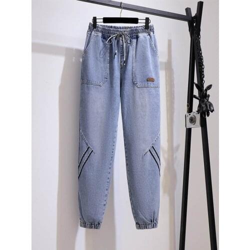 Plus size womens autumn korean style tie jeans harlan daddy pants 6XL 7XL 8XL 9XL 10XL simple high waist cotton blue trousers