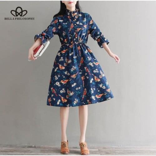Bella Philosophy Dress Womens Ladies fashion Cute Floral Long Sleeve Corduroy Dress Casual Paty Long Shirt Dress women