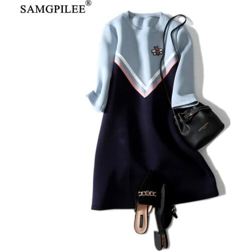 Women Dresses Winter 2021 Casual A-line Patchwork Three Quarter Sleeve Appliques Empire O-neck Winter Clothes For Women 4XL