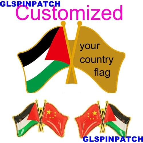 Palestine Crossed Friendship Flag Double Country lapel pin Brooch USA UK France Chile Russia Saudi Arabia Japan Spain Badge