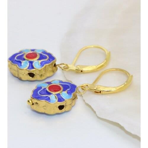 Free shipping fashion gold-color 11*14mm carved enamel cloisonne women dangle drop earrings for party gifts diy jewelry B2653