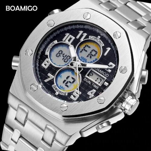 BOAMIGO brand watches men sports watches dual display digital quartz watches stainless steel band wristwatches Relogio Masculino
