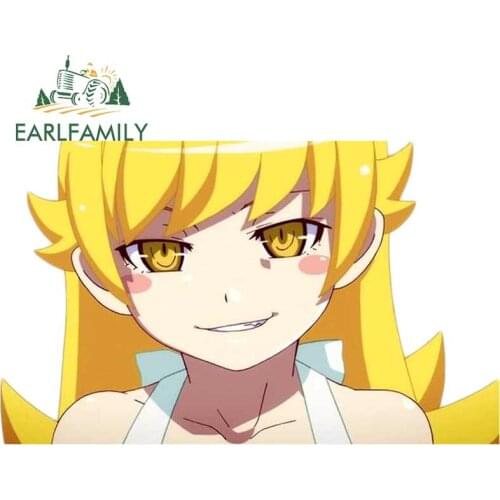 EARLFAMILY 13cm x 7.9cm For Shinobu Oshino Motorcycle Car Stickers Vinyl Material Decal Anime Funny Sticker Decoration