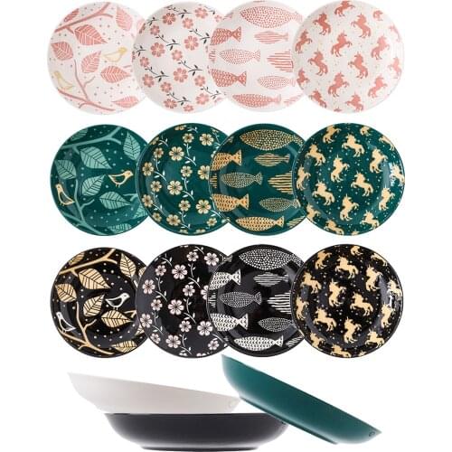 8 inch ceramic dinner plate, hand-painted pattern, white, green, black, western food, salad, steak, dessert TCP-SYFP-8inch