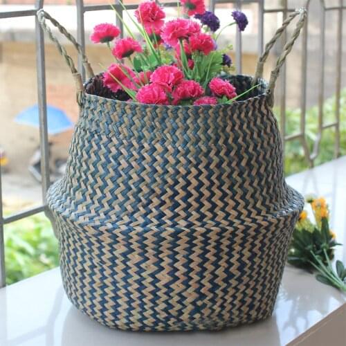 1pc Storage Baskets Foldable BambooLaundry Straw Patchwork Wicker Rattan Seagrass Belly Garden Flower Pot Planter Basket