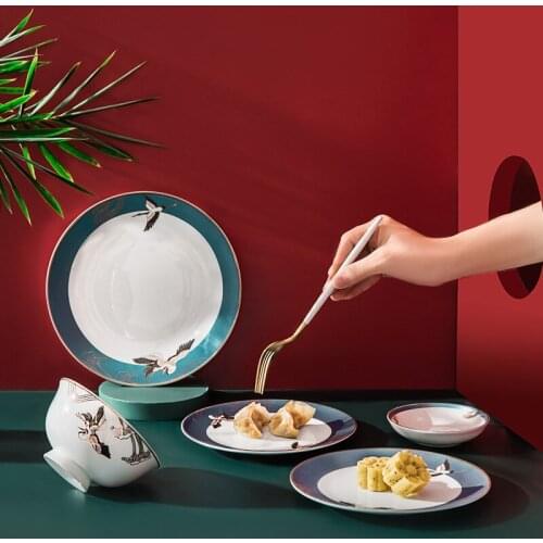 Bone Crane Phnom Penh Tableware Soup Home Rice Bowl Deep Plate Shallow Plate Spoon Flavor Plate Ceramics Dishes and Plates Sets
