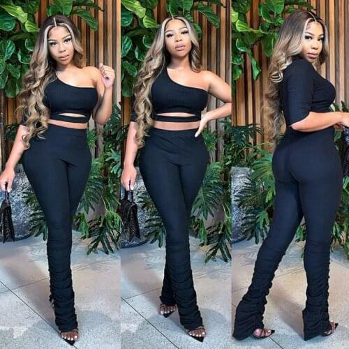 TNNAOFF Hollow Out Two Piece Tracksuits Women Set One Shoulder Long Sleeve Tank Fashion Stacked Leggings Overalls Matching Sets