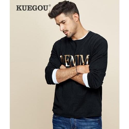 KUEGOU 2020 Autumn Cotton Letter Black Sweater Men Pullover Casual Jumper For Male Brand New Knitted Korean Style Clothes 12557