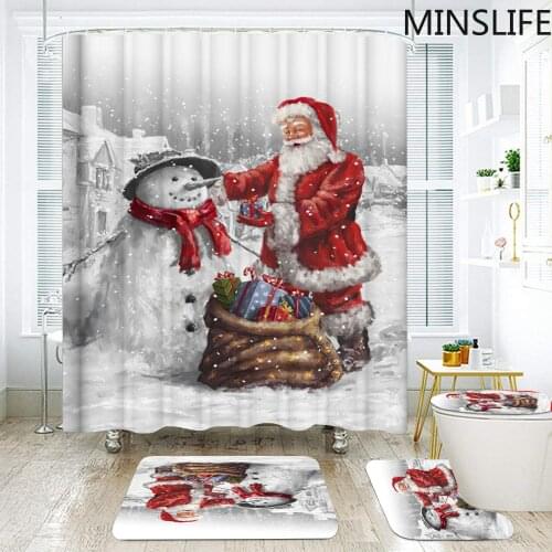 Christmas Snowman Santa Claus Pattern Bathroom Shower Curtains Set Non-Slip Mat Toilet Lid Cover Christmas Rugs Holiday Decor