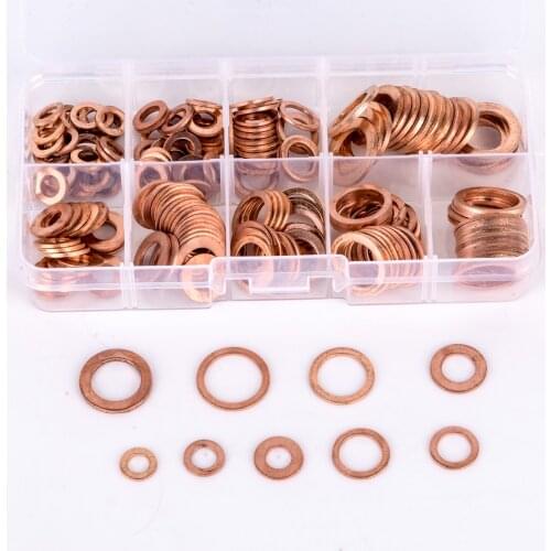 200pcs 9 Sizes Copper Washer Gasket Set Flat Ring Seal Kit Set with Plastic Box M5/M6/M8/M10/M12/M14 For Generators Machinery