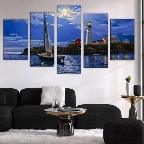 Canvas Wall Art 5 Panel Lighthouse Landscape Posters Modular Pictures Home Decorative Framed Living Room Decoration Paintings