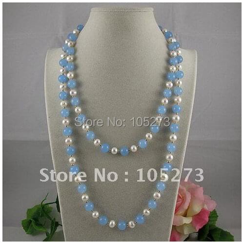 Charming!pearl Aquamarines necklace 48'' AA 7-8MM White Genuine freshwater pearl Aquamarines free shipping A2333