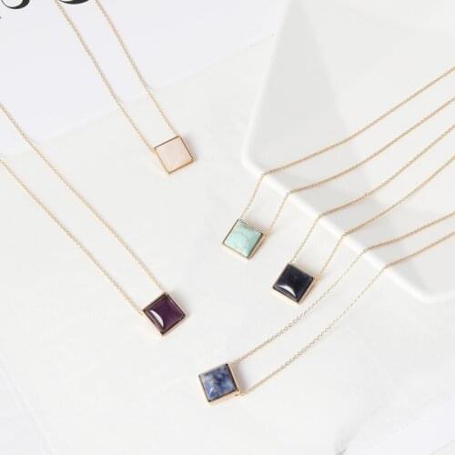 Blue Pink Quartz Kallaite Necklace Square Natural Stone Pendant Gold Necklaces Geometric Accessories Jewelry