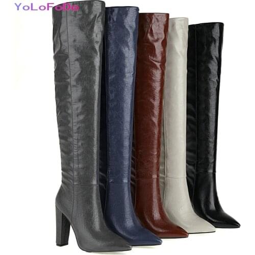Plus Size 34-43 Women Over the Knee Boots Faux Leather Fashion Pointed Toe Women Thigh Boots Pleated Square High Heel Shoes