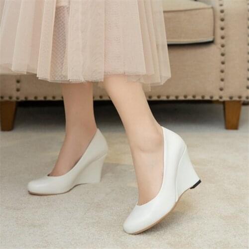 PXELENA Concise Women Pumps Wedge High Heels Shoes Slip On Round Toe Office Lady Dress Daily Footwear White Beige Black 34-43