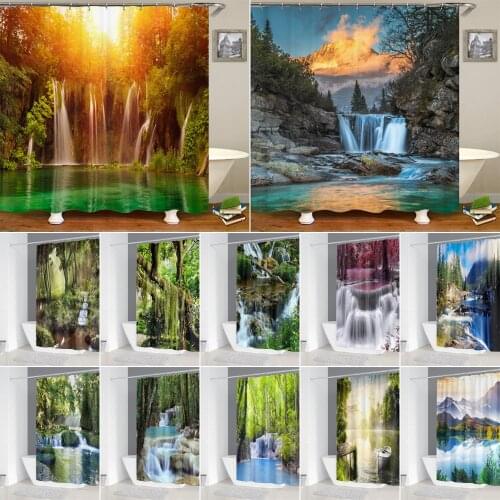 Waterfall Forest Landscape Bath Curtain Waterproof Fabric Shower Curtains Nature Scenery Bathroom Screen Decoration with Hooks