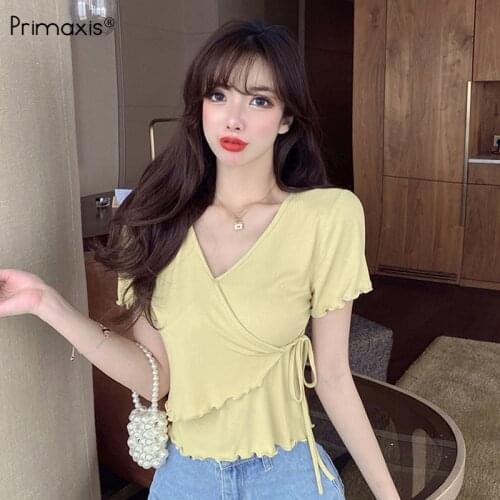 Primaxis new fashion Korean crop top womens T-shirt 2021 summer high waist short irregular bandage top