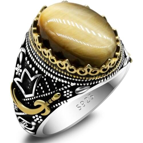 Golden Classic Punk Mens Natural Gold Tiger Eye Ring 925 Sterling Silver Zircon Dagger Turkish Ring Mens Husband Jewelry Gift