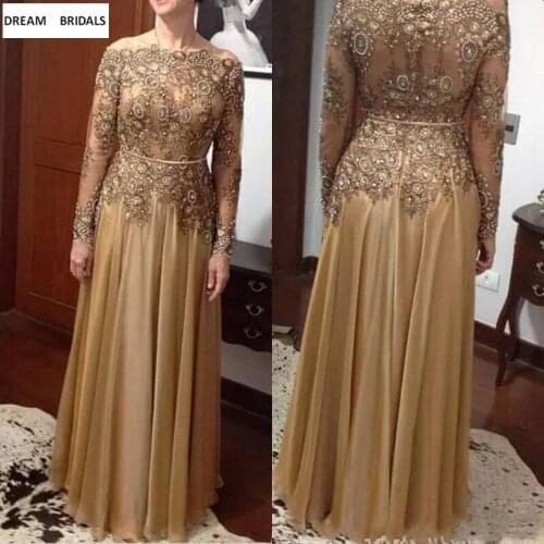 Gold A-Line Lace Beading Mother of Groom Bride Formal Plus Size Chiffon Floor-Length Zipper Back Mother of the Bride Dresses