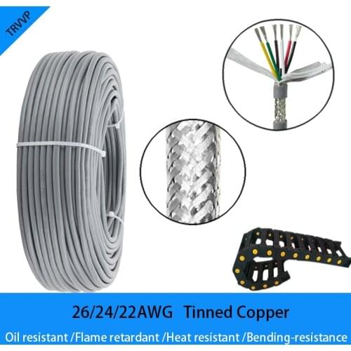 5Meters TRVVP Tinned Copper Cable26/24/22AWG 2/3/4/5/6/7/8Core Double Shielded Flexible Wire Gray PVC Insulated Drag Chain Cable