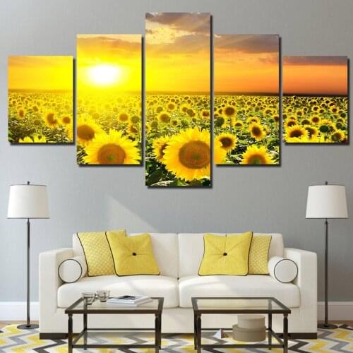 HD Printed 5 Piece Canvas Prints Sunflower Sunset Canvas Painting Golden Flower Field Wall Pictures for Living Room Home Decor