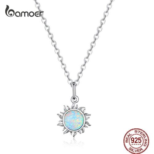 BAMOER Authentic 925 Sterling Silver White Opal Sun Pendant Necklace for Women Chain Link Necklaces Silver 925 Jewelry SCN399