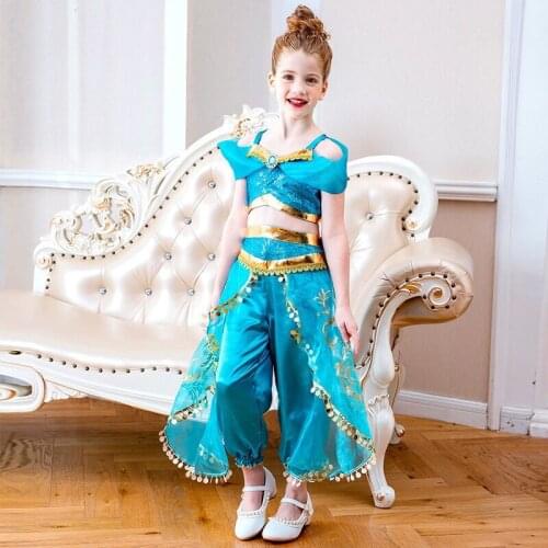 Kids Halloween Clothing Cute Style Blue Sequins Short Sleeve Cartoon Princess Sets New Slim Navel Dress Stage Perform Costumes