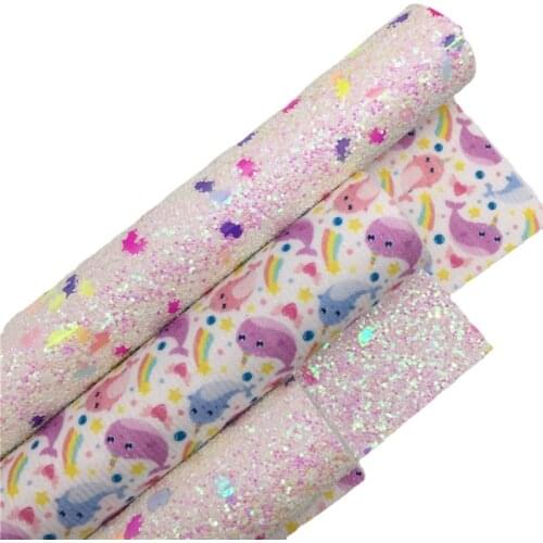 LEOsyntheticoDIY Double Sides Unicorn Chunky Glitter Leather with Rainbow Dophines Printed Felt Backing Bows DIY A4 SIZE R178C