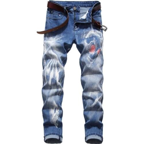 Fashion Hipster streetwear Stretch Print Denim Jeans Mens Individuality Design 3D Skeleton Pattern Cowboys Trousers Pants Male