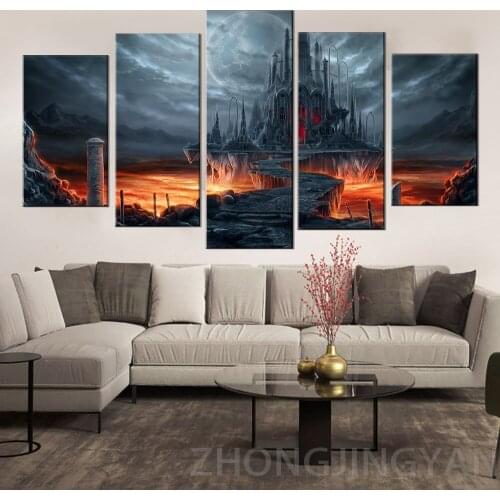 HD Printed Modular Hell Pictures Canvas Painting Frame Home Wall Art 5 Pieces Lava Castle Landscape Poster Bedroom Decor