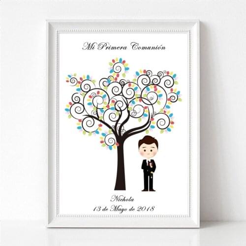 Customize Name Date Place of Boys First Communion Gift Souvenir of Baptism Christening Fingerprint Tree Canvas Art Print & Ink
