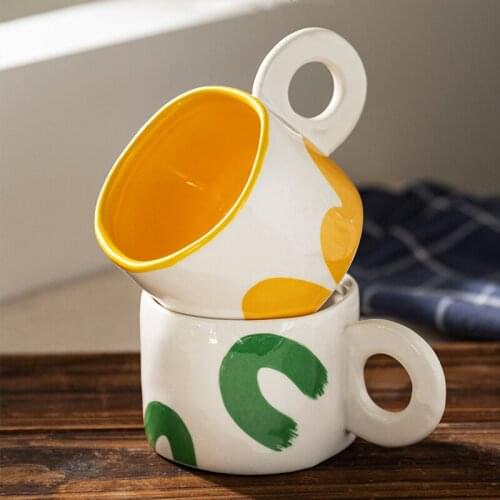 Nordic Geometry Pattern Coffee Cup With Ring Handle 300ml Ceramic Tea Milk Wate Mugs Home Decor Kitchen Office Breakfast Mug Cup
