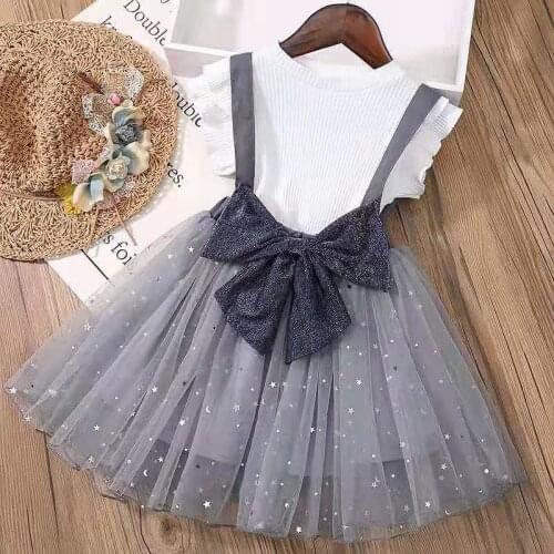 Girls Clothing Sets New Sequined Princess Girls Clothes Children T-Shirt+Strap Dress with Big Bow Suit 0-2T