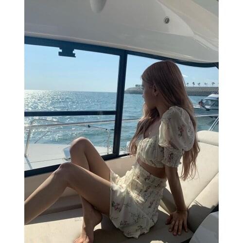 Kpop Korean Celebrity Rose Slim Square Collar Floral T Shirt TopsSummer Sexy High Waist Elastic Skirts Women Two- Piece Outfits