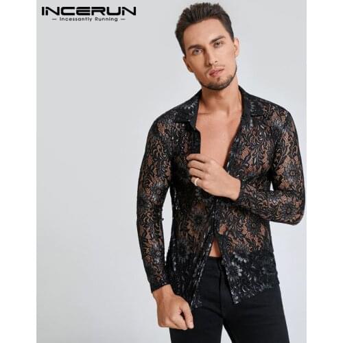 Men Mesh Shirt Lapel Long Sleeve See Through Streetwear Button Casual Party Nightclub Camisas 2021 Fitness Sexy Tops INCERUN 5XL