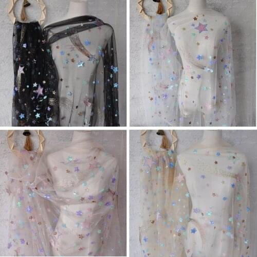 Soft White Mesh Fabric Sequin Stars Meteor Shower Embroidery Beautiful Fabric for dress shirts by the yard