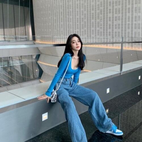 2021 new bean paste chic [Street bombing air] straight jeans womens knitted casual pants spring loose wide leg pants