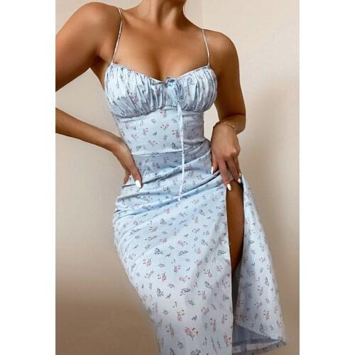 2021 summer new womens sling sexy low-cut fashion floral split mid-length Kylie Jenner casual pastoral style dress women