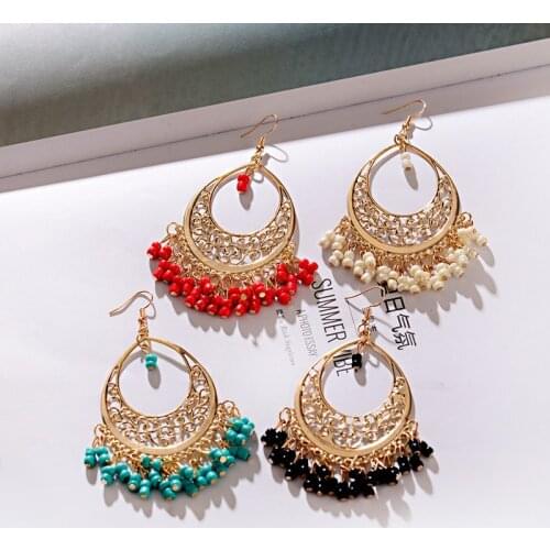 New Jewelry Women Boho Style Silver Color Orange Bead Tassel Dangle Earring Heart Shape Fashion Earrings HQE026-1