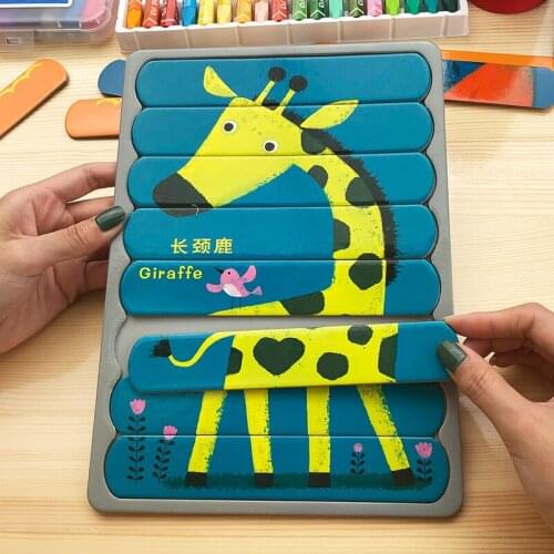 Kawaii Animals Strip Puzzles Baby Toy Wooden Montessori Materials Educational Toys For Children Large Bricks Kids Learning Toys