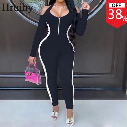 Plus Size Jumpsuits Long Sleeve Off Shoulder Colorblock High Waist Skinny Woman Clothes Zipper Design Casual Romper Women Sexy