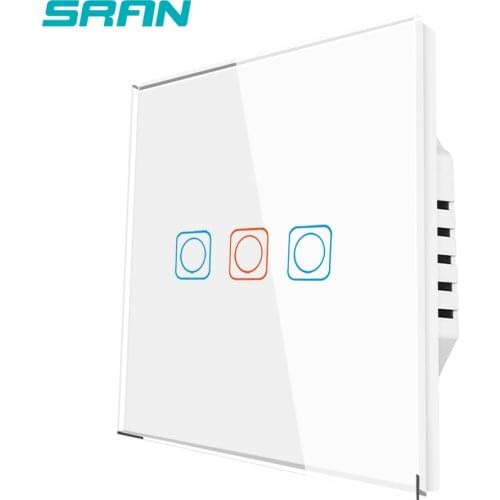 SRAN Luxury Wall Touch Sensor Switch,EU Standard Led Light Switch 220v, Switch Power,White Crystal Glass,3Gang 1Way Switch 82*82